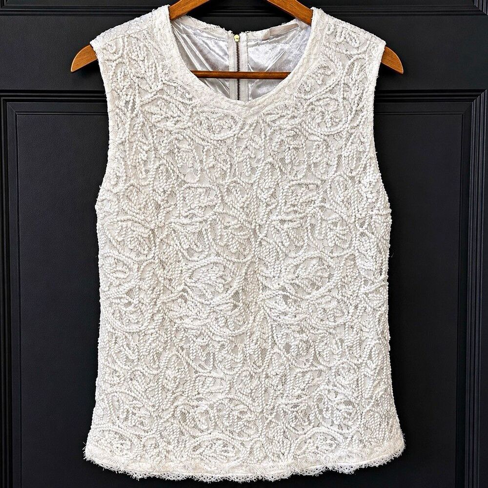 Soft Surroundings Ivory Floral Lace Embroidered V-Neck Top Womens L Lined Zip